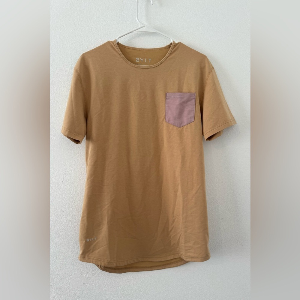 Bylt Drop Cut Pocket Tee Shirt Mens Medium Tan Lux Short Sleeve Crew Neck